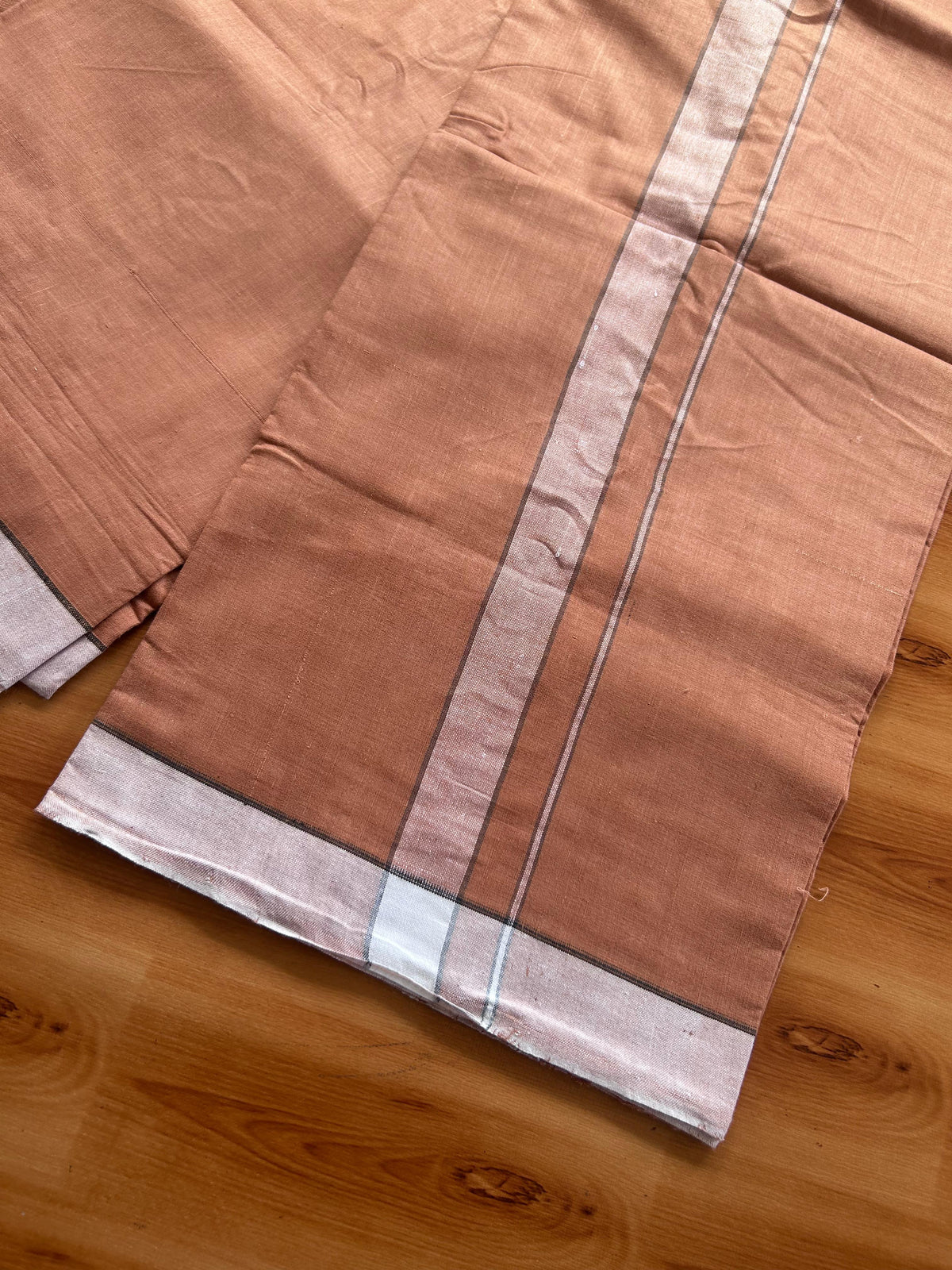 Kerala Handloom - Signature Kaitharikada - 100% Pure Cotton 2/60x40s Thread - Single Mundu / Dhoti - 1 inch White & Grey Shaded Striped Kara with Kavi colour Body - 80 KK8080 KAL