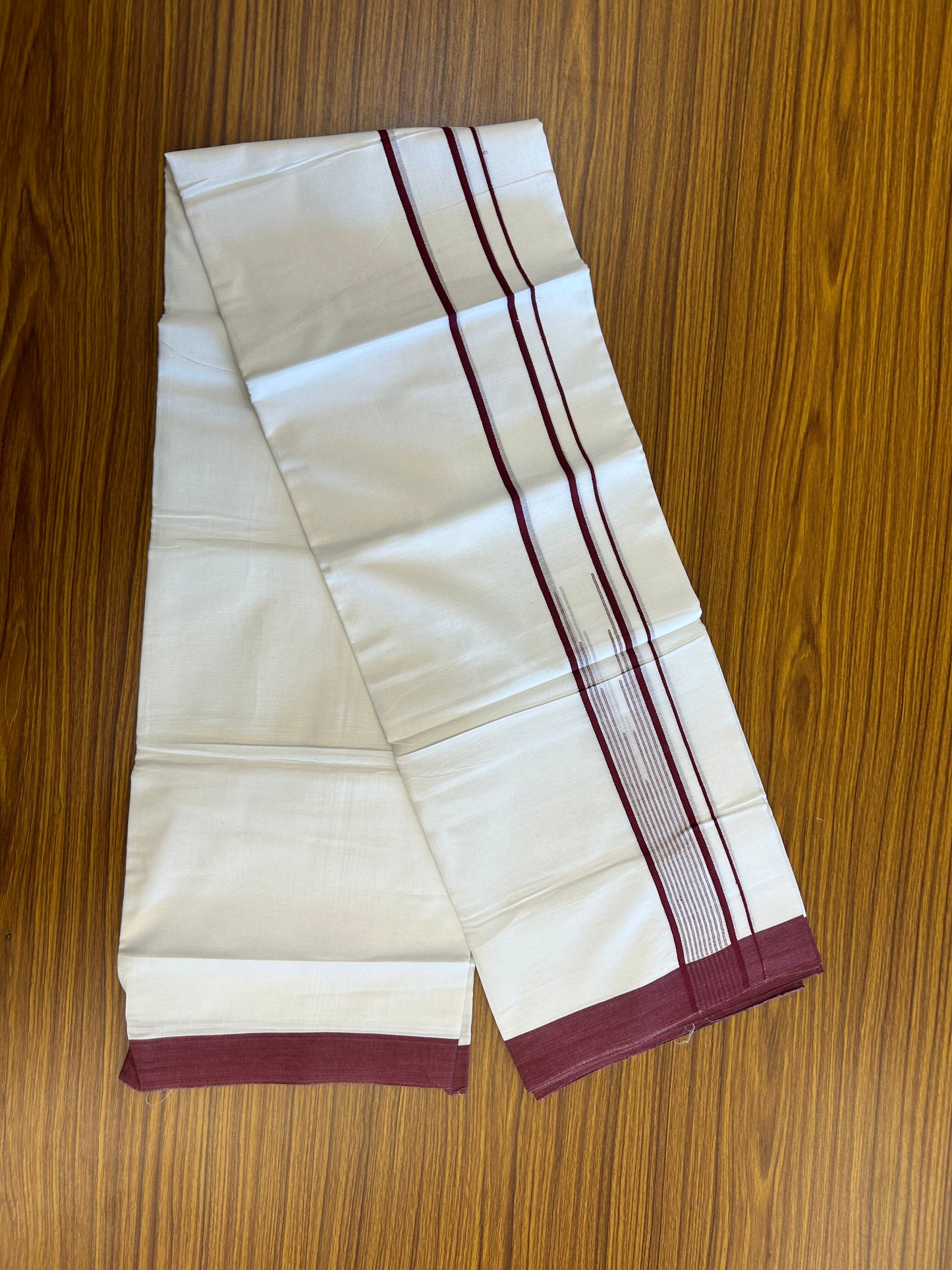 20% Discount ! Kaitharikada Balaramapuram 100% Pure Cotton Double Pure White Mundu/Dhoti - 100x80 - 1.75 inch Maroon Pink shaded striped chutty 3.90 mtr (8.5 muzham) - 58 KK5361 PMC