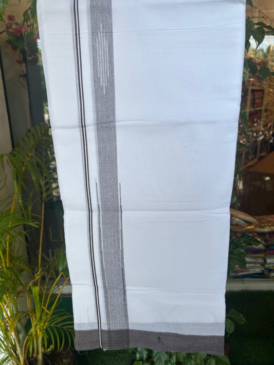 27% DISCOUNT!!! KaithariKada Balaramapuram 100% Cotton Double PURE white Mundu/Dhoti - 80X80 - 1.5 Inch Chocolate Brown shaded Centre stripes Putta Chutty kara - 43KK5074THI