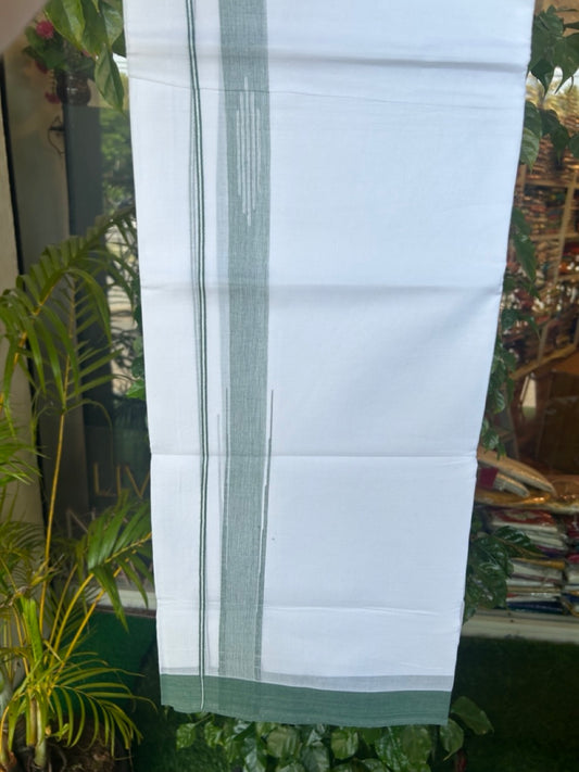 27% DISCOUNT!!! KaithariKada Balaramapuram 100% Cotton Double PURE white Mundu/Dhoti - 80X80 - 1.25 Inch Green shaded Centre stripes Putta Chutty kara - 42KK5074THI