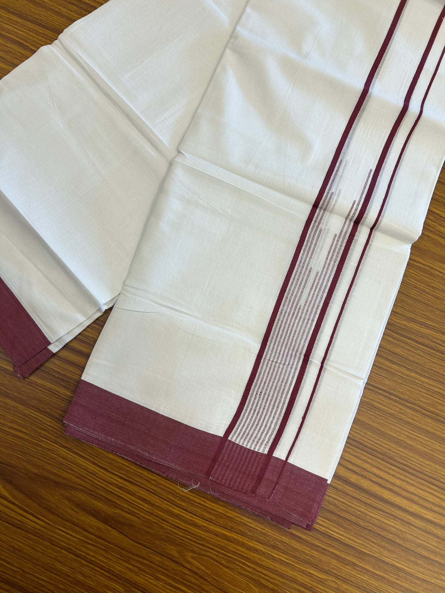 20% Discount ! Kaitharikada Balaramapuram 100% Pure Cotton Double Pure White Mundu/Dhoti - 100x80 - 1.75 inch Maroon Pink shaded striped chutty 3.90 mtr (8.5 muzham) - 58 KK5361 PMC