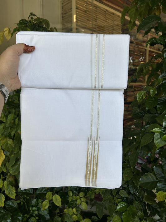 25% Disocunt!! KaithariKada Kerala Handloom Millpaav - 100% Pure Cotton Double Pure White - Mundu/Dhoti - 80x90 - 0.5 inch Puliyilakkara Silver Kasav & Mustard Yellow Double Chutty Kara - 4.28 mtr (9.17 muzham) - 16 KK5337 RAM