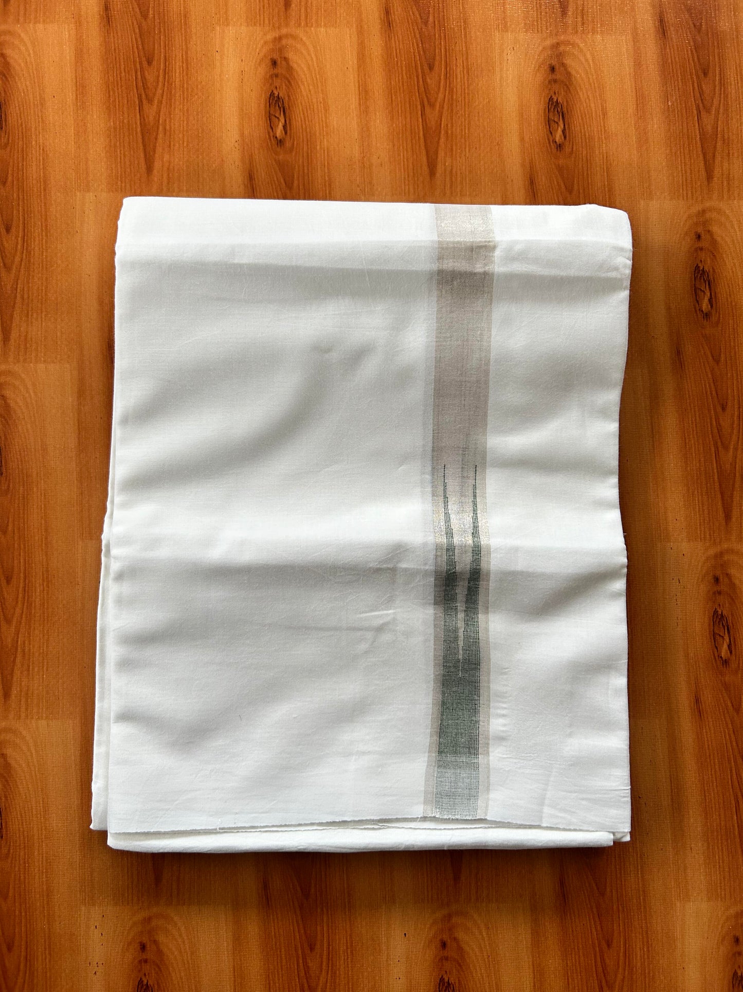 Pure White Double Mundu/Dhoti - 20% Discount ! Kaitharikada Balaramapuram 100% Cotton - 100x80 - 1 inch Puliyilakkara Silver Kasav & Green Chutty Kara 3.90 mtr (8 muzham) - 24 KK5446 VAS