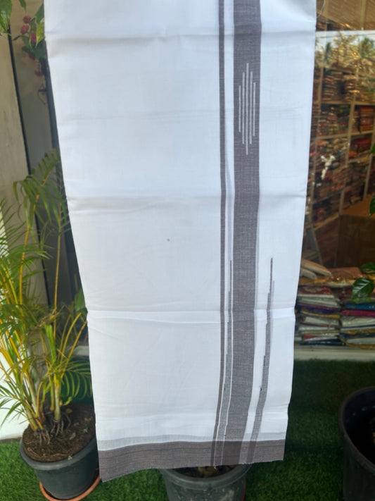 27% DISCOUNT!!! KaithariKada Balaramapuram 100% Cotton Double PURE white Mundu/Dhoti - 80X80 - 2.25 Inch Brown shaded Centre stripes Putta Chutty kara -47KK5074THI