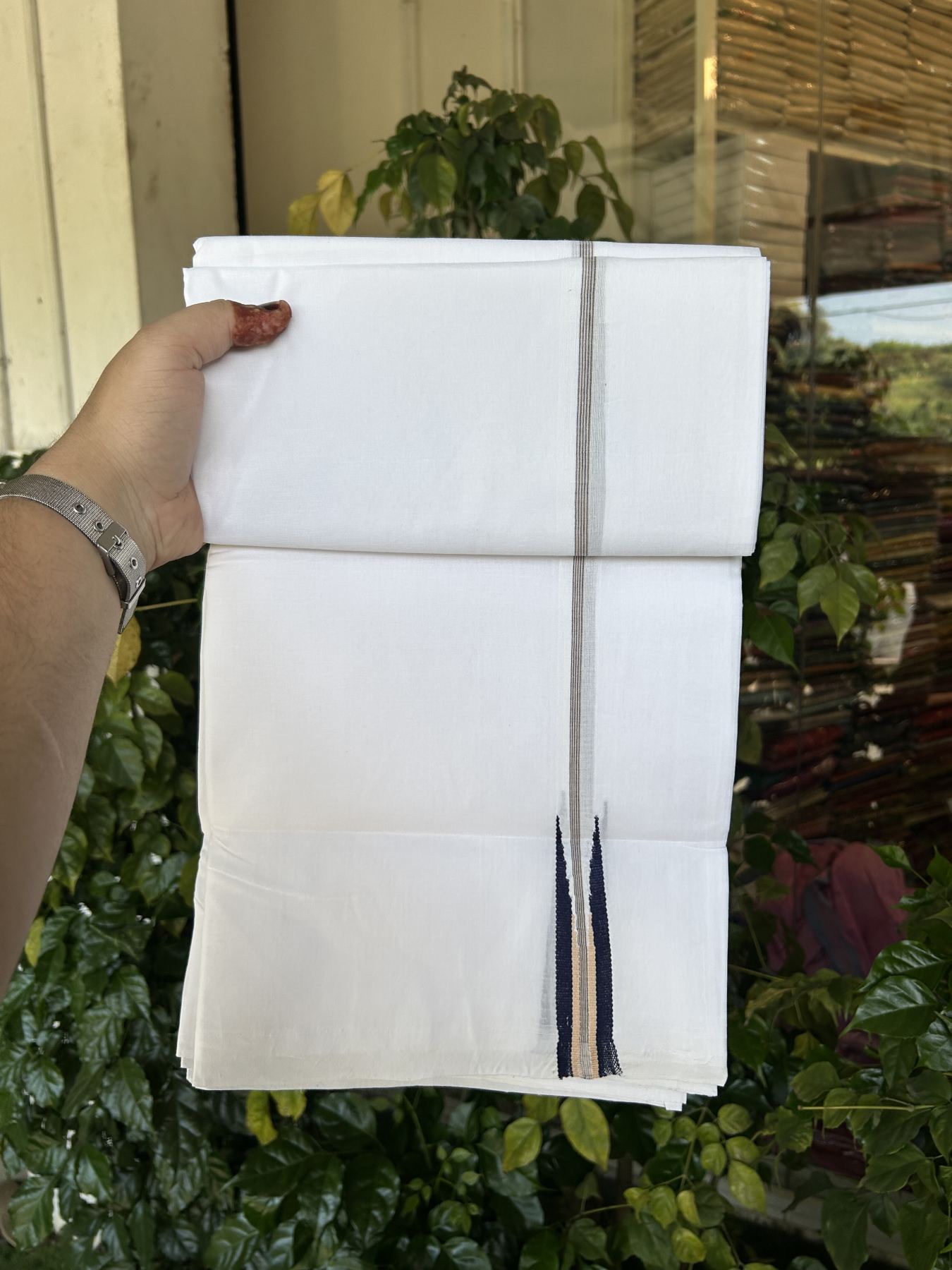 25% Disocunt!! KaithariKada Kerala Handloom Millpaav - 100% Pure Cotton Double - Mundu/Dhoti - 80x90 - 1 inch Puliyilakkara Navy Blue & Cream Chutty Kara - 3.96 mtr (8.49 muzham) - 6 KK5337 RAM