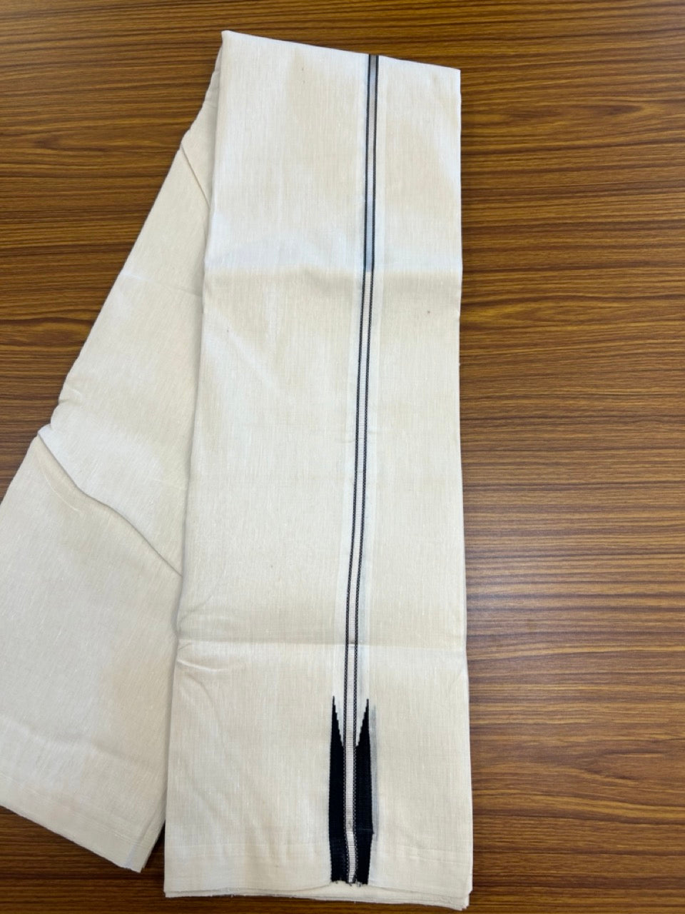Handloom Linen Dhoti New! 25% Discount from Kaitharikada.com - Balaramapuram Handloom Unakkupaav - Off white - Double Mundu/Dhoti 80x90 Thread - Pure Cotton + Linen - 1 Inch Silver Kasavu Black chutty - 90 KK5234 RAM