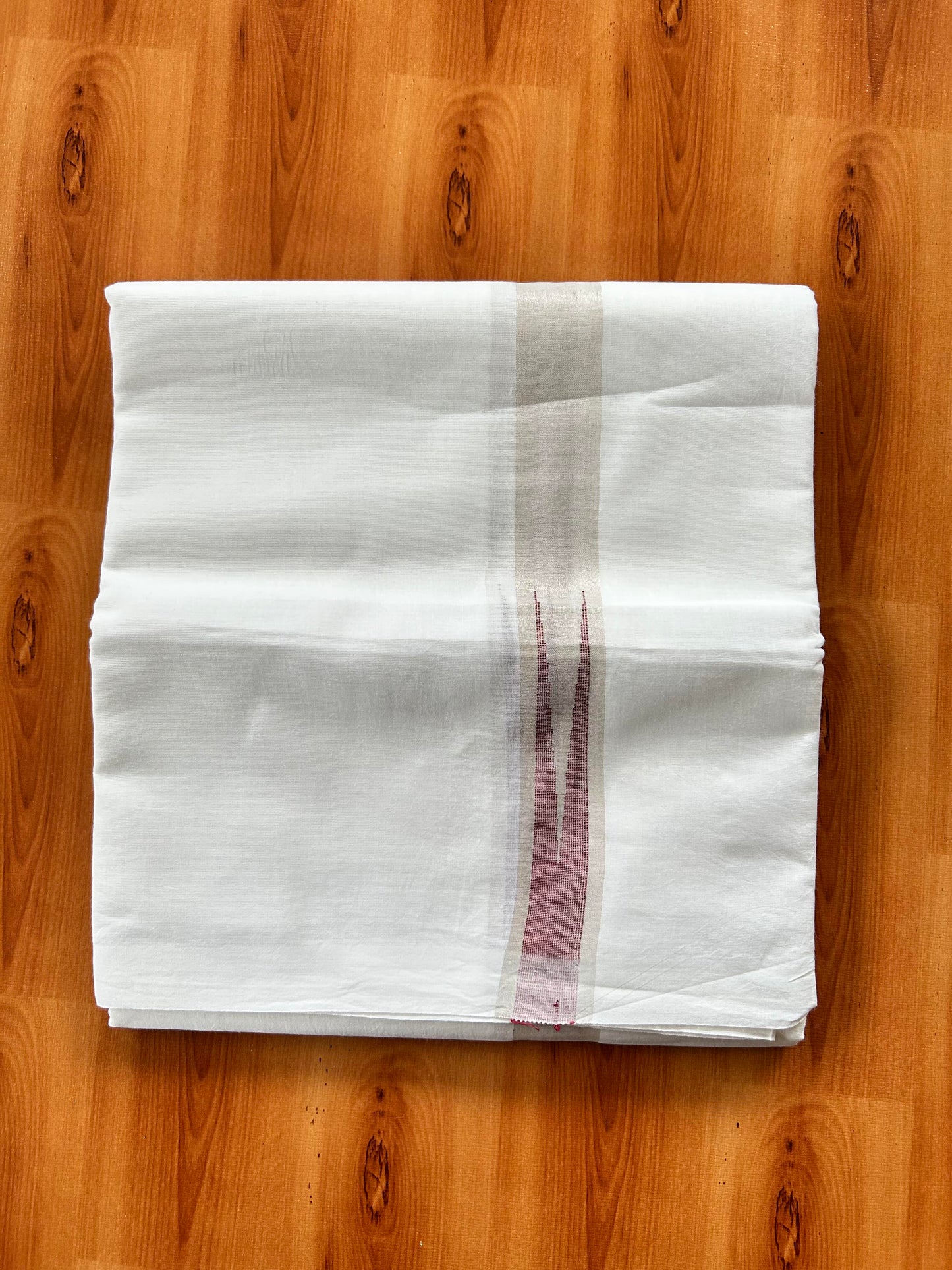 Pure White Double Mundu/Dhoti - 20% Discount ! Kaitharikada Balaramapuram 100% Cotton - 100x80 - 1 inch Puliyilakkara Silver Kasav & Maroon Chutty Kara 3.90 mtr (8 muzham) - 18 KK5446 VAS
