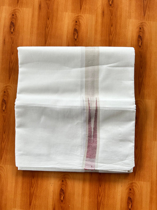 Pure White Double Mundu/Dhoti - 20% Discount ! Kaitharikada Balaramapuram 100% Cotton - 100x80 - 1 inch Puliyilakkara Silver Kasav & Maroon Chutty Kara 3.90 mtr (8 muzham) - 18 KK5446 VAS