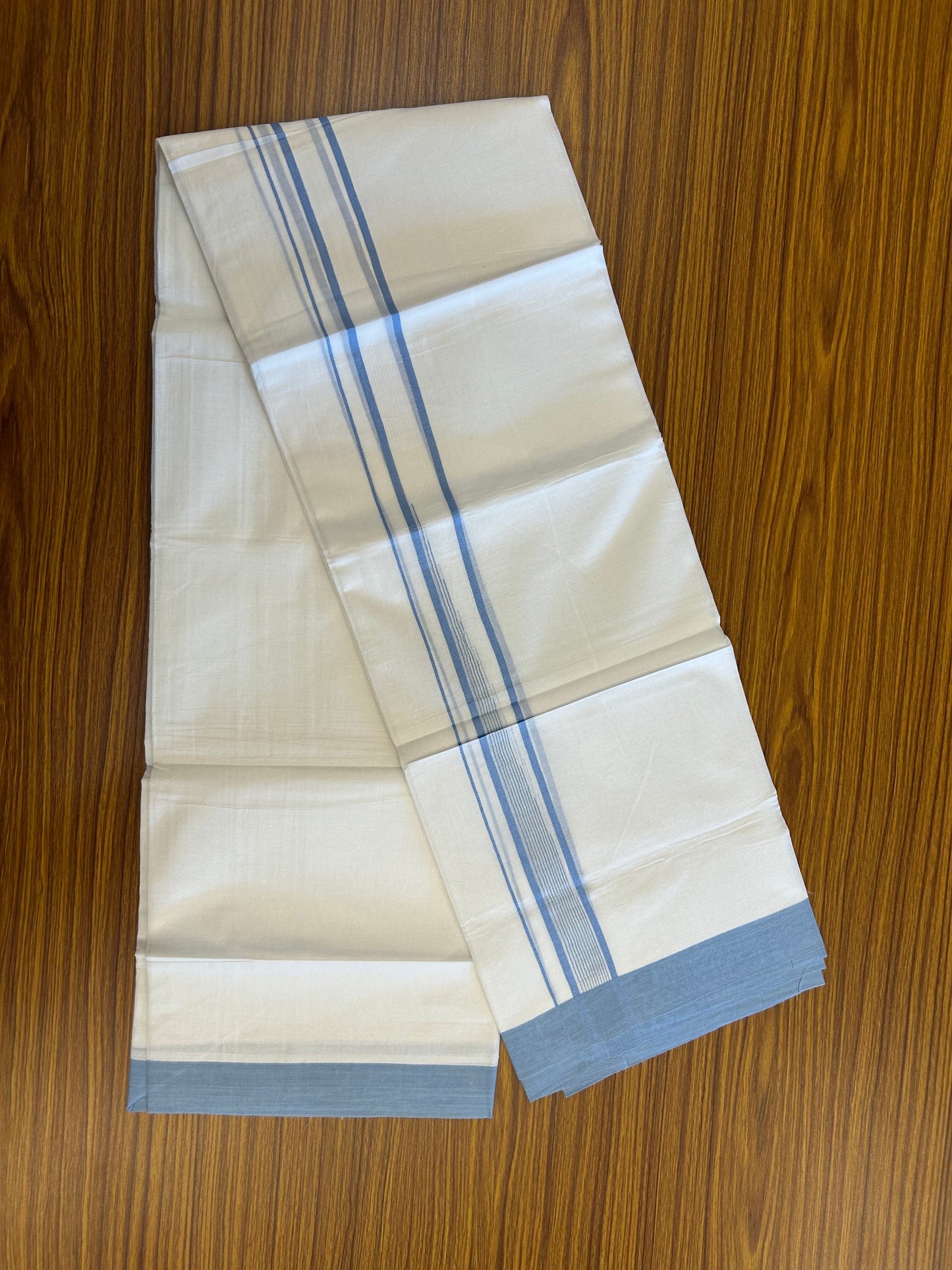 20% Discount ! Kaitharikada Balaramapuram 100% Pure Cotton Double Pure White Mundu/Dhoti - 100x80 - 1.25 inch Light Blue shaded striped chutty 3.90 mtr (8.5 muzham) - 55 KK5361 PMC