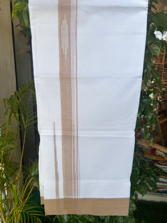 27% DISCOUNT!!! KaithariKada Balaramapuram 100% Cotton Double PURE white Mundu/Dhoti - 80X80 - 2.25 Inch Sand Brown shaded Centre stripes Putta Chutty kara - 45KK5074THI
