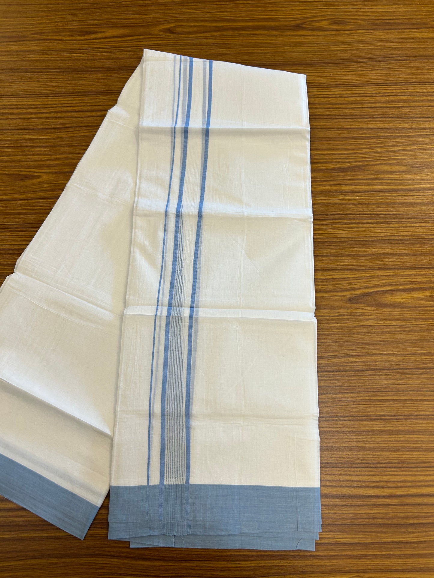 20% Discount ! Kaitharikada Balaramapuram 100% Pure Cotton Double Pure White Mundu/Dhoti - 100x80 - 1.25 inch Light Blue shaded striped chutty 3.90 mtr (8.5 muzham) - 55 KK5361 PMC