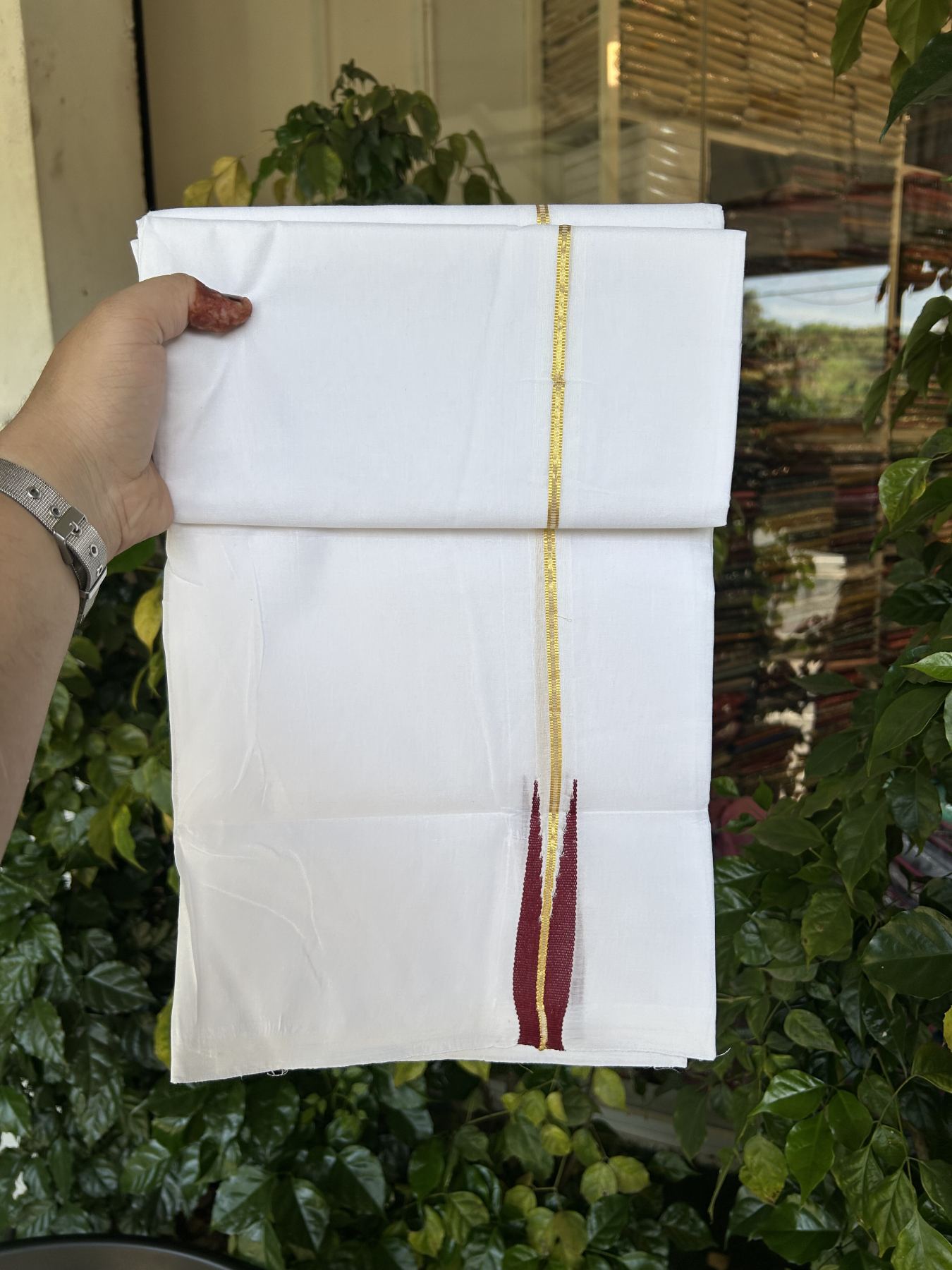 25% Disocunt!! KaithariKada Kerala Handloom Millpaav - 100% Pure Cotton Double - Mundu/Dhoti - 80x90 - 0.75 inch Puliyilakkara Gold Kasav & Maroon Chutty Kara - 3.96 mtr (8.49 muzham) -  5 KK5337 RAM