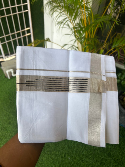 20% DISCOUNT! KaithariKada Balaramapuram 100% Cotton Double PURE WHITE Mundu/Dhoti - 100x80 - 1.5 inch Silver Kasavu Black striped temple chutty kara - 49KK5174THI