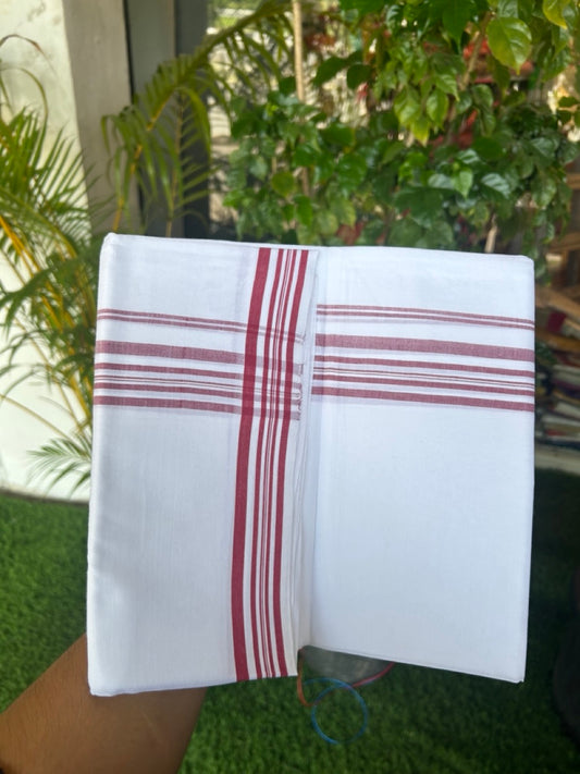 20% DISCOUNT!! Kaitharikada Balaramapuram 100% Cotton PURE WHITE Double Mundu/Dothi- 100x80 - 1.5 Inch Light Maroon Shaded Striped Kara - 56KK5174THI