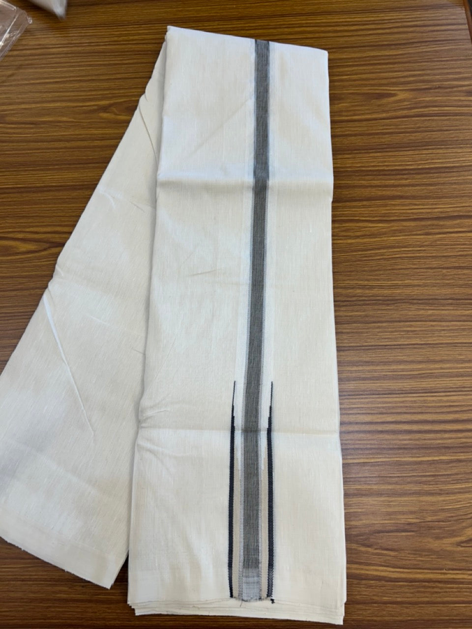 Handloom Linen Dhoti New! 25% Discount from Kaitharikada.com - Balaramapuram Handloom Unakkupaav - Off white - Double Mundu/Dhoti 80x90 Thread - Pure Cotton + Linen - 1.5 Inch Silver Kasavu Cream & Black striped chutty - 86 KK5234 RAM