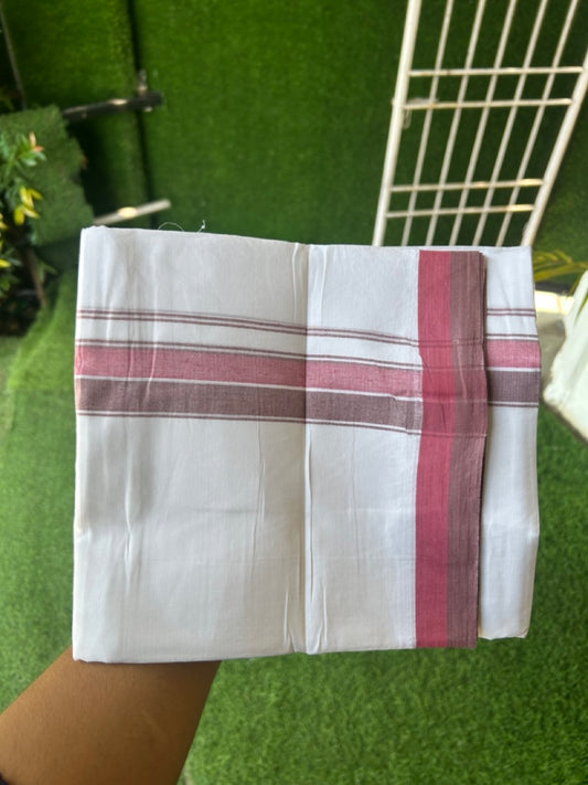 20% DISCOUNT!! Kaitharikada Balaramapuram 100% Cotton PURE WHITE Double Mundu/Dothi- 100x80 - 1.5 Inch Brown Stone & Majenta Shaded Striped Kara - 54KK5174THI