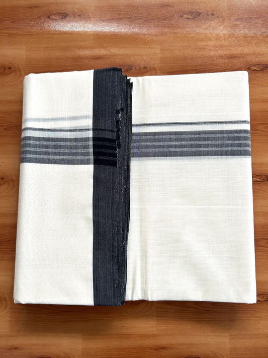 Double Off White (Unbleached) Mundu/Dhoti- 25% Discount! KaithariKada Handloom Millpaav - Kerala Handloom - Cotton - 80x90 - 1.25 inch Black Shaded Striped Kara 4 meter (8.5 Muzham) - 18 KK5396 RAM