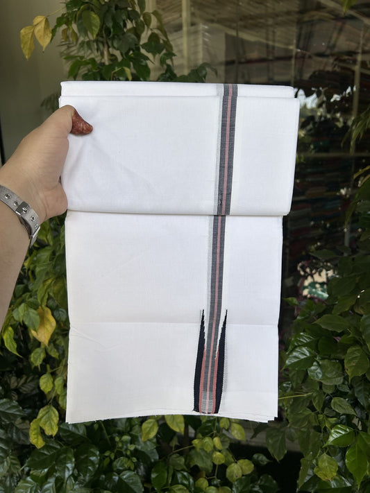 25% Disocunt!! KaithariKada Kerala Handloom Millpaav - 100% Pure Cotton Double - Mundu/Dhoti - 80x90 - 1.25 inch Puliyilakkara Black & Dark Peach Chutty Kara - 3.96 mtr (8.49 muzham) - 13 KK5337 RAM