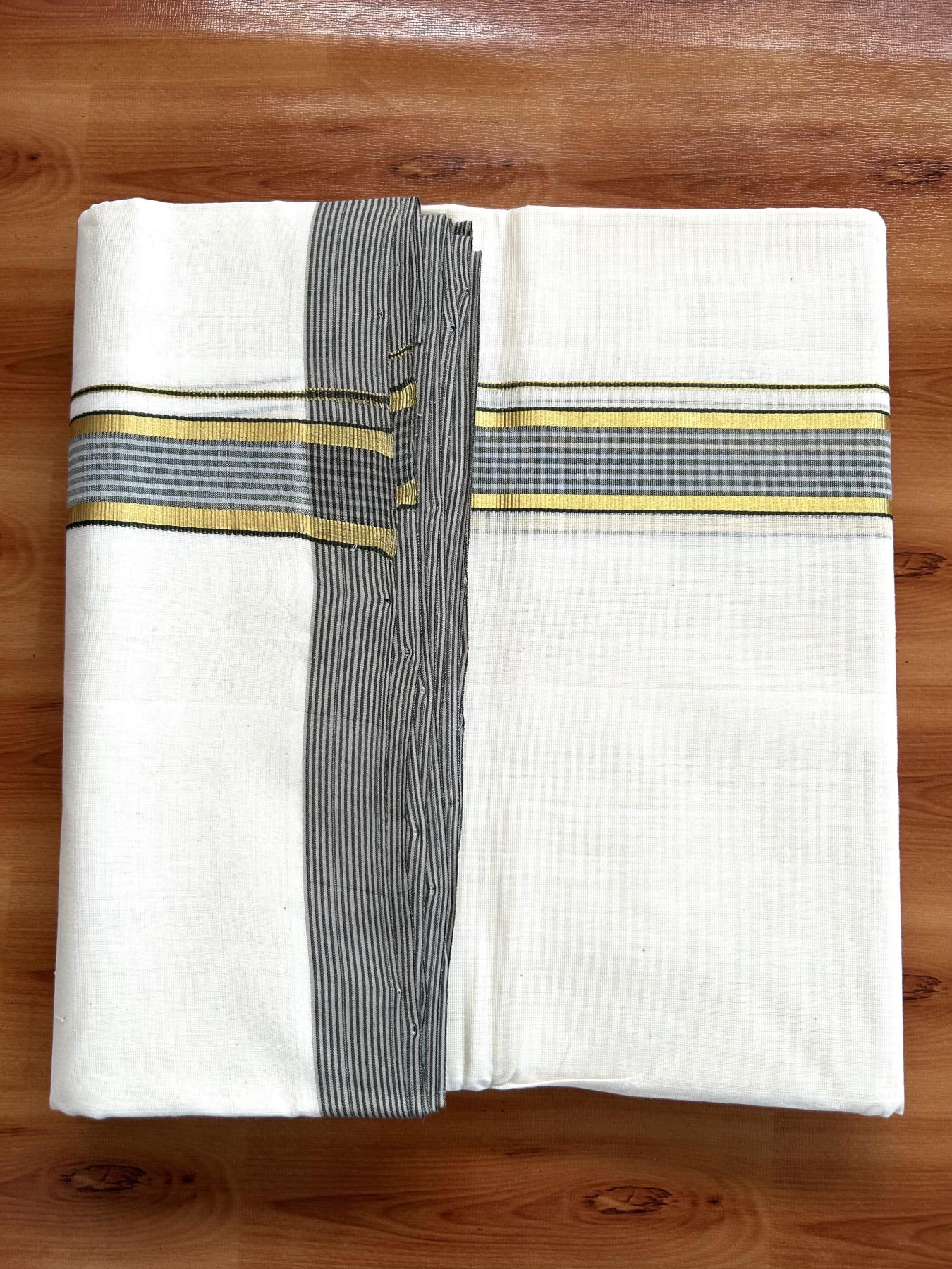 Double Off White (Unbleached) Mundu/Dhoti- 25% Discount! KaithariKada Handloom Millpaav - Kerala Handloom - Cotton - 80x90 - 1.25 inch Gold Kasav & Grey & Green Shaded Striped Kara 4.50 meter (10 Muzham) - 24 KK5396 RAM