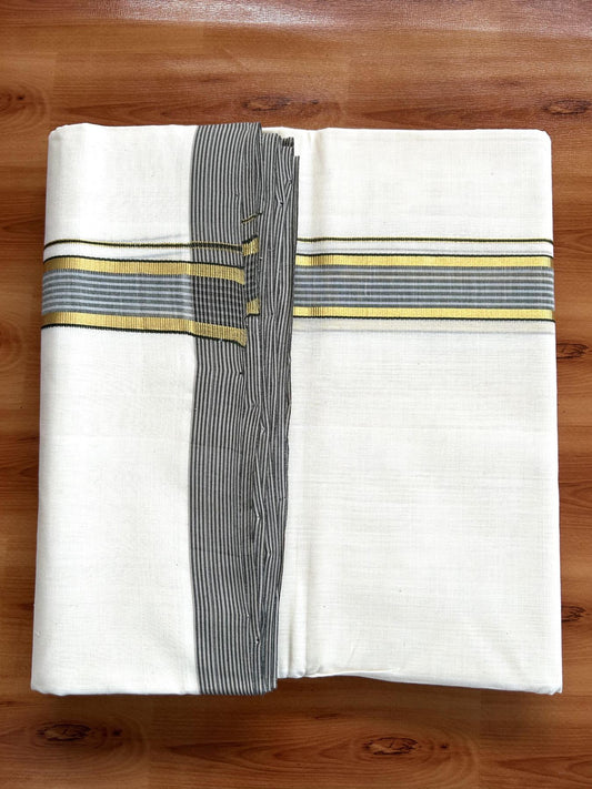 Double Off White (Unbleached) Mundu/Dhoti- 25% Discount! KaithariKada Handloom Millpaav - Kerala Handloom - Cotton - 80x90 - 1.25 inch Gold Kasav & Grey & Green Shaded Striped Kara 4.50 meter (10 Muzham) - 24 KK5396 RAM