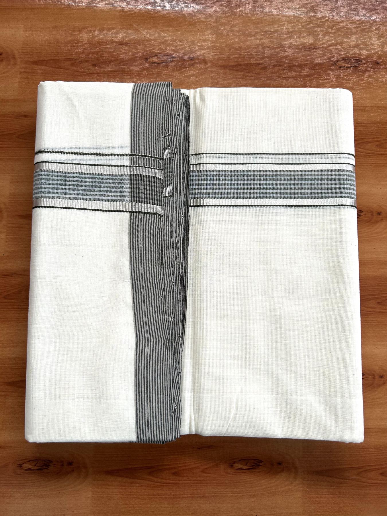 Double Off White (Unbleached) Mundu/Dhoti- 25% Discount! KaithariKada Handloom Millpaav - Kerala Handloom - Cotton - 80x90 - 1.25 inch Silver Kasav & Grey & Sage Green Shaded Striped Kara 4.50 meter (10 Muzham) -22 KK5396 RAM