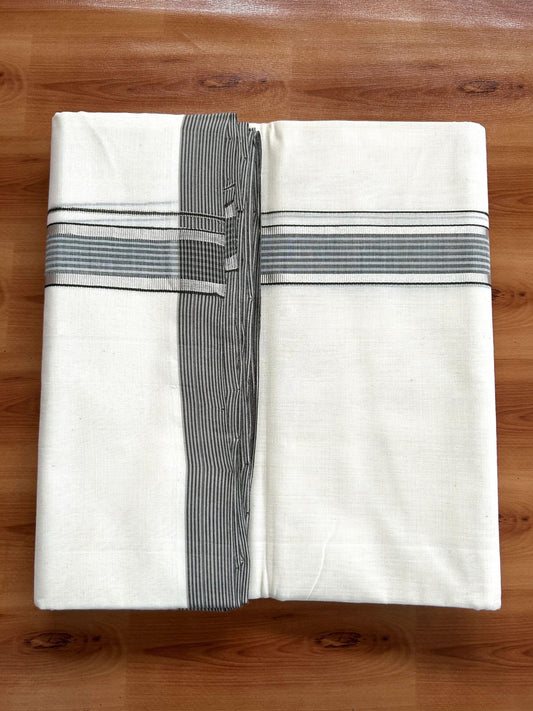 Double Off White (Unbleached) Mundu/Dhoti- 25% Discount! KaithariKada Handloom Millpaav - Kerala Handloom - Cotton - 80x90 - 1.25 inch Silver Kasav & Grey & Sage Green Shaded Striped Kara 4.50 meter (10 Muzham) -22 KK5396 RAM