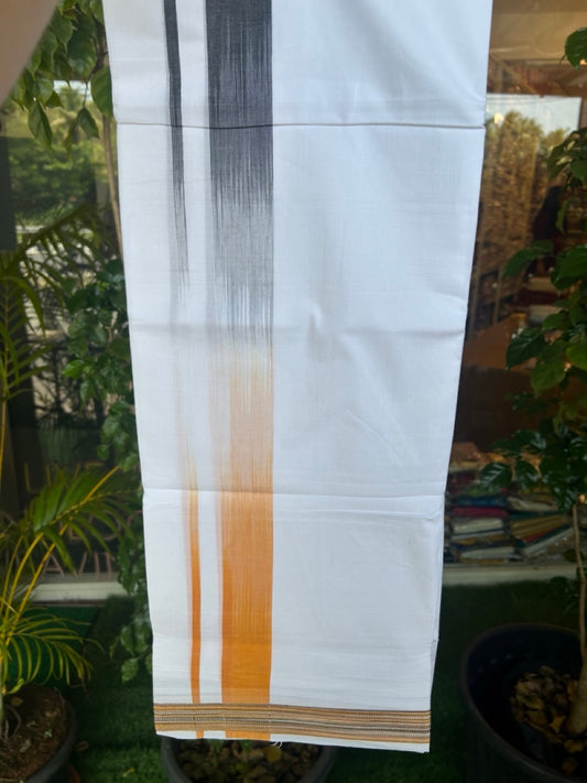20% Discount!!! KaithariKada Balaramapuram Double PURE WHITE Mundu/Dhoti - 100X80 - 1.5 inch Black  & Orange Striped Designer Kara - 40KK5174THI