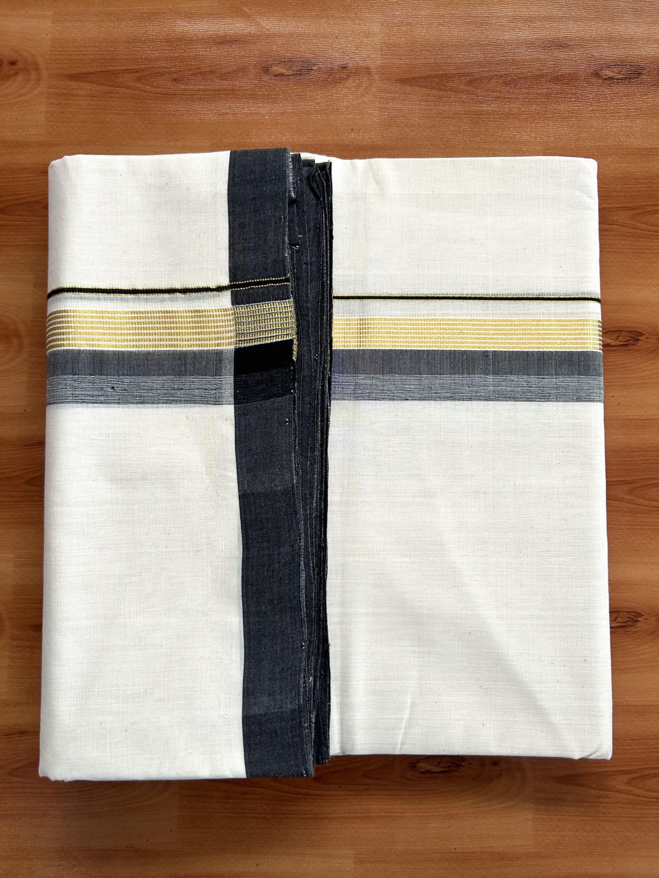 Double Off White (Unbleached) Mundu/Dhoti- 25% Discount! KaithariKada Handloom Millpaav - Kerala Handloom - Cotton - 80x90 - 1.25 inch Gold Kasav & Black Shaded Striped Kara 4.50 meter (10 Muzham) - 26 KK5396 RAM
