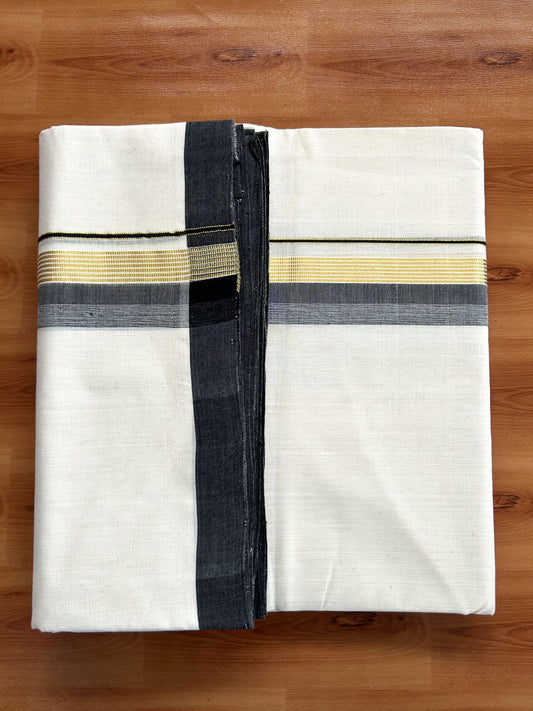 Double Off White (Unbleached) Mundu/Dhoti- 25% Discount! KaithariKada Handloom Millpaav - Kerala Handloom - Cotton - 80x90 - 1.25 inch Gold Kasav & Black Shaded Striped Kara 4.50 meter (10 Muzham) - 26 KK5396 RAM