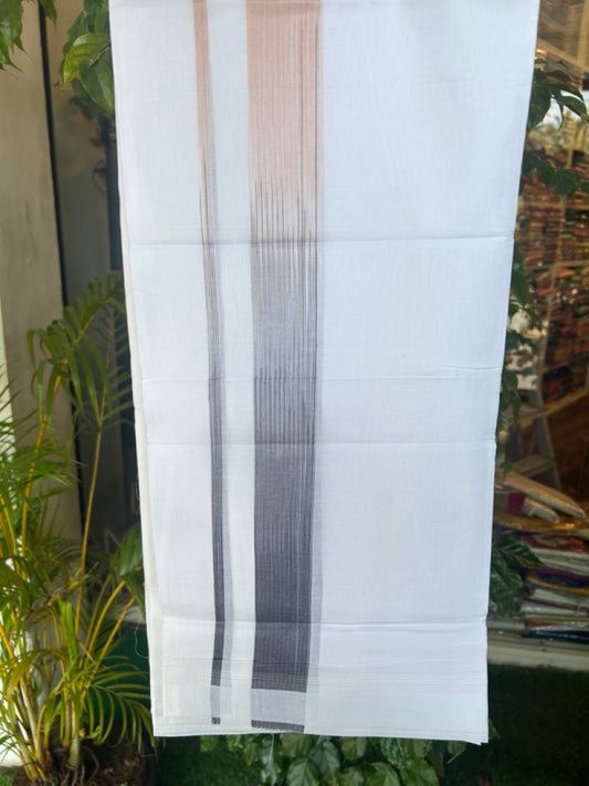 20% Discount!!! KaithariKada Balaramapuram DOUBLE PURE WHITE Mundu/Dhoti - 100X80 - 1.5 inch Navy Blue & Sand Brown Striped Designer Kara - 39KK5174THI