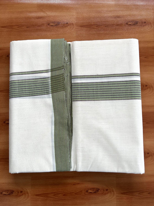 Double Off White (Unbleached) Mundu/Dhoti- 25% Discount! KaithariKada Handloom Millpaav - Kerala Handloom - Cotton - 80x90 - 1.25 inch Brown & Light Green Shaded Striped Kara 4 meter (8.5 Muzham) -20 KK5396 RAM