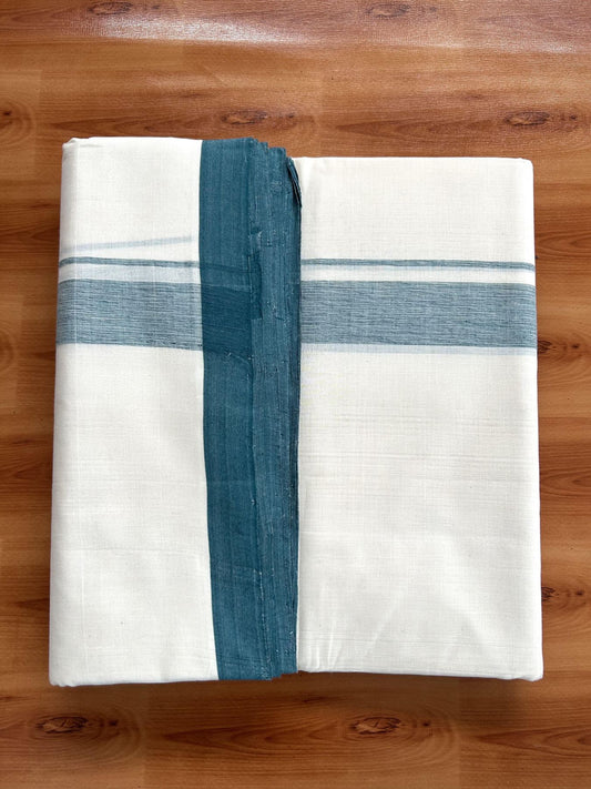Double Off White (Unbleached) Mundu/Dhoti- 25% Discount! KaithariKada Handloom Millpaav - Kerala Handloom - Cotton - 80x90 - 1.25 inch Peacock Green Mulloth Kara 4.50 meter (10 Muzham) - 15 KK5396 RAM