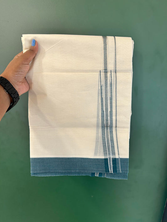 Off White Double (Unbleached) Mundu/Dhoti - 20% Discount! KaithariKada Balaramapuram 100% Cotton -100x80 - 1 inch Silver Kasav & Green Puliyilakkara Chutty Kara 4 mtr (8.5 Muzham) - 45 KK5440 VIN