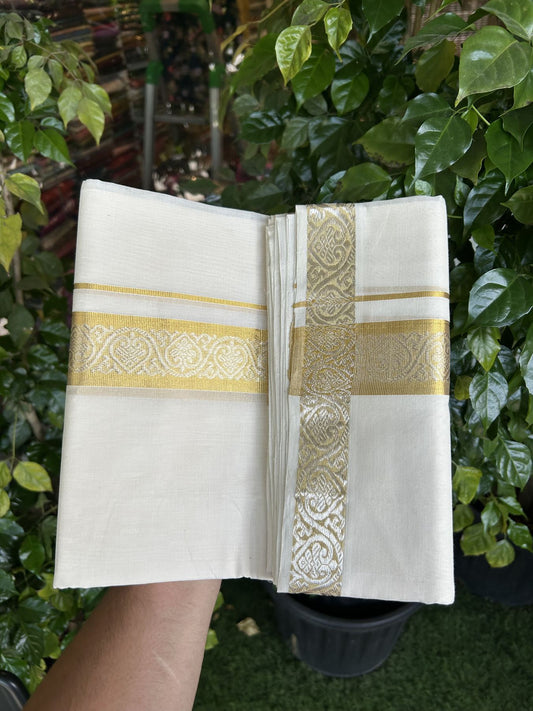 25% Discount ! KaithariKada Handloom Millpaav - Kerala Handloom - 100% Pure Cotton Off White (Unbleached) Double Mundu/Dhoti - 80x90 - 1.75 inch Gold Kasav & Silver Kasav Jacquard Design Kara 4 mtr (8.5 Muzham) - 21 KK5337 RAM