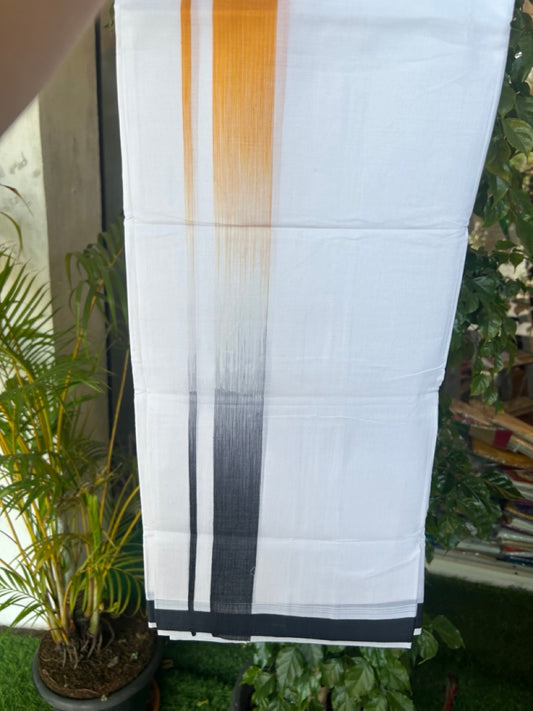 20% Discount!!! KaithariKada Balaramapuram DOUBLE PURE WHITE Mundu/Dhoti - 100X80 - 1.5 inch Navy Blue & Yellow Striped Designer Kara - 37KK5174THI