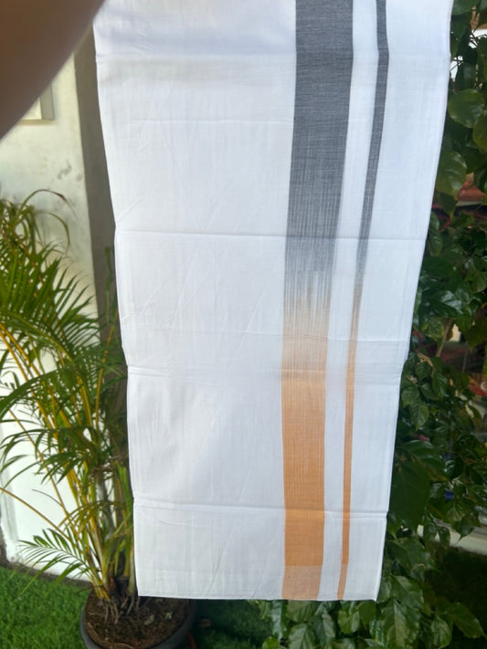 20% Discount!!! KaithariKada Balaramapuram DOUBLE PURE WHITE Mundu/Dhoti - 100X80 - 1.5 inch Black  & Light Orange Striped Designer Kara - 36KK5174THI