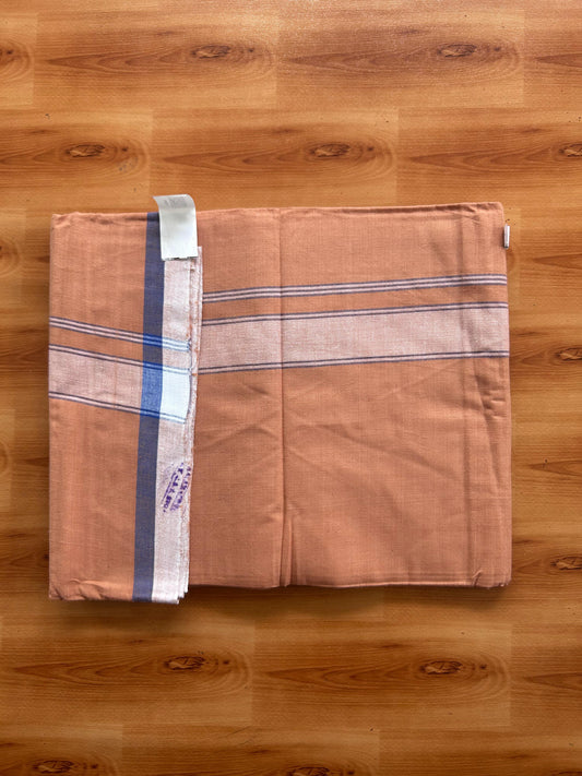 Kerala Handloom - Signature Kaitharikada - 100% Pure Cotton 2/60sx40s Thread - Single Mundu / Dhoti - 1.5 inch White & Blue Shaded Striped Kara with Kavi colour Body - 88 KK8080 KAL