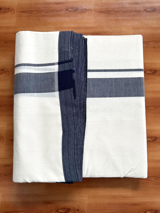 Double Off White (Unbleached) Mundu/Dhoti- 25% Discount! KaithariKada Handloom Millpaav - Kerala Handloom - Cotton - 80x90 - 1.25 inch Navy Blue Mulloth Kara 4.50 meter (10 Muzham) - 13 KK5396 RAM