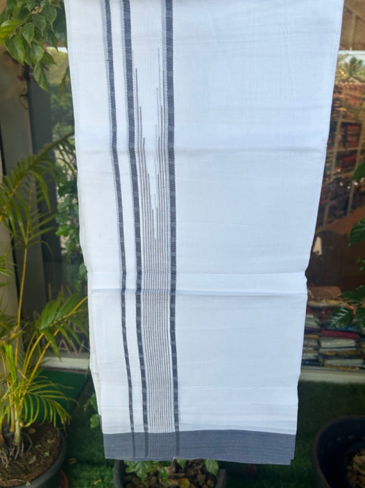 20% DISCOUNT! KaithariKada Balaramapuram DOUBLE PURE WHITE 100% Cotton Mundu/Dhoti - 100x80 - 1.5 inch Dark Blue Putta Design Chutty Kara - 18KK5174THI