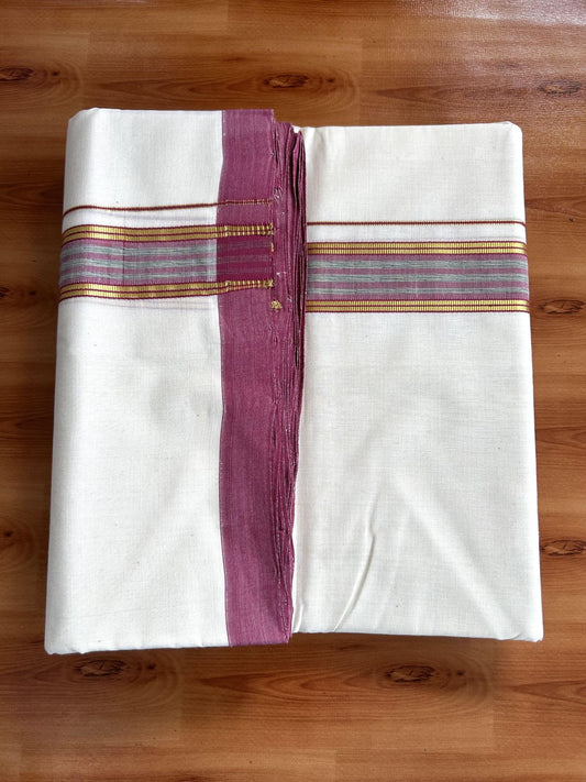 Double Off White (Unbleached) Mundu/Dhoti- 25% Discount! KaithariKada Handloom Millpaav - Kerala Handloom - Cotton - 80x90 - 1.25 inch Gold Kasav & Green & Magenta Shaded Striped Kara 4.50 meter (10 Muzham) - 25 KK5396 RAM