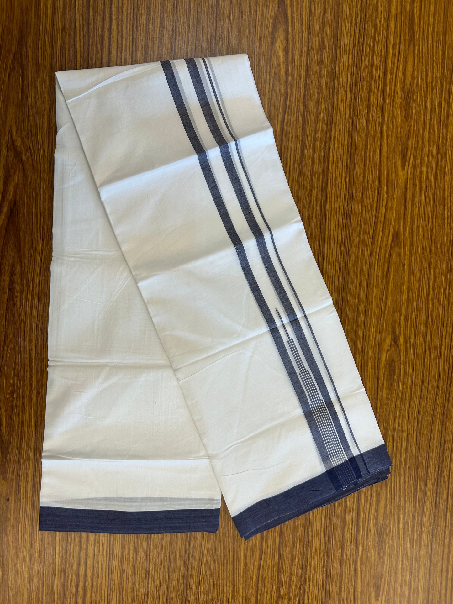 20% Discount ! Kaitharikada Balaramapuram 100% Pure Cotton Double Pure White Mundu/Dhoti - 100x80 - 1.5 inch Navy Blue shaded striped Temple chutty 3.90 mtr (8.5 muzham) - 77 KK5361 PMC