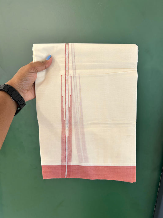 Off White Double (Unbleached) Mundu/Dhoti - 20% Discount! KaithariKada Balaramapuram 100% Cotton -100x80 - 1 inch Silver Kasav & Dusty Rose Puliyilakkara Chutty Kara 4 mtr (8.5 Muzham) - 47 KK5440 VIN