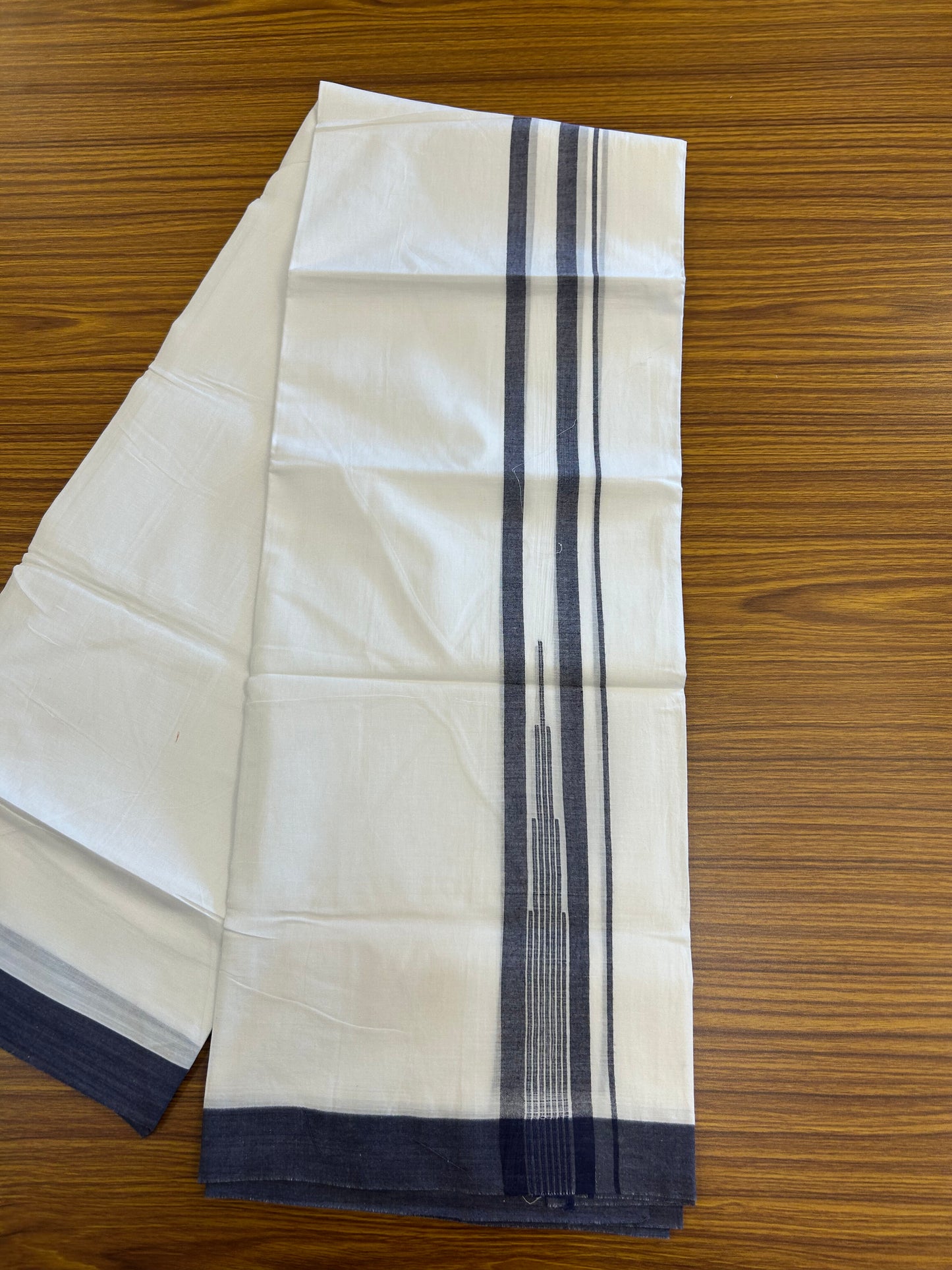 20% Discount ! Kaitharikada Balaramapuram 100% Pure Cotton Double Pure White Mundu/Dhoti - 100x80 - 1.5 inch Navy Blue shaded striped Temple chutty 3.90 mtr (8.5 muzham) - 77 KK5361 PMC