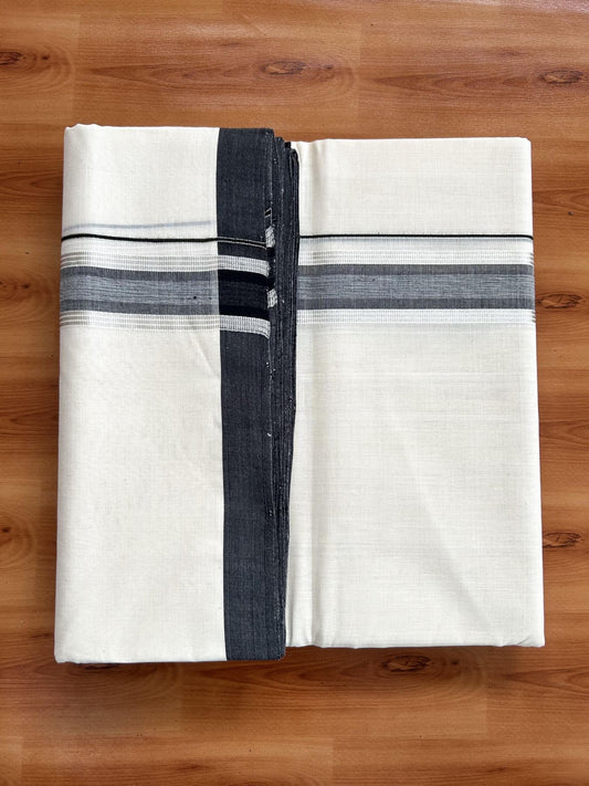 Double Off White (Unbleached) Mundu/Dhoti- 25% Discount! KaithariKada Handloom Millpaav - Kerala Handloom - Cotton - 80x90 - 1.25 inch Silver Kasav & Black Shaded Striped Kara 4.50 meter (10 Muzham) - 23 KK5396 RAM