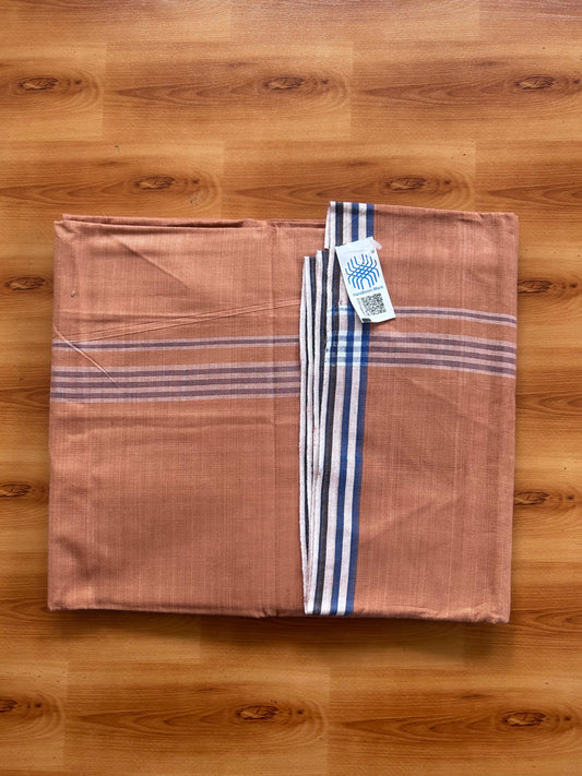Kerala Handloom - Signature Kaitharikada - 100% Pure Cotton 2/60sx40s Thread - Single Mundu / Dhoti - 1 inch White & Blue Shaded Striped Kara with Kavi colour Body - 89 KK8080 KAL