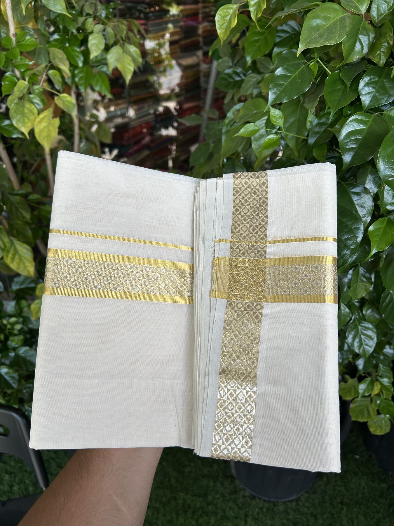 25% Discount ! KaithariKada Handloom Millpaav - Kerala Handloom - 100% Pure Cotton Off White (Unbleached) Double Mundu/Dhoti - 80x90 - 1.5 inch Gold Kasav & Silver Kasav Jacquard Design Kara 4 mtr (8.5 Muzham) - 23  KK5337 RAM