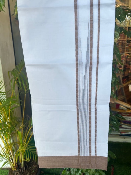 20% DISCOUNT! KaithariKada Balaramapuram DOUBLE PURE WHITE 100% Cotton Mundu/Dhoti - 100x80 - 1.5 inch Brown Putta Design Chutty Kara - 10KK5174THI