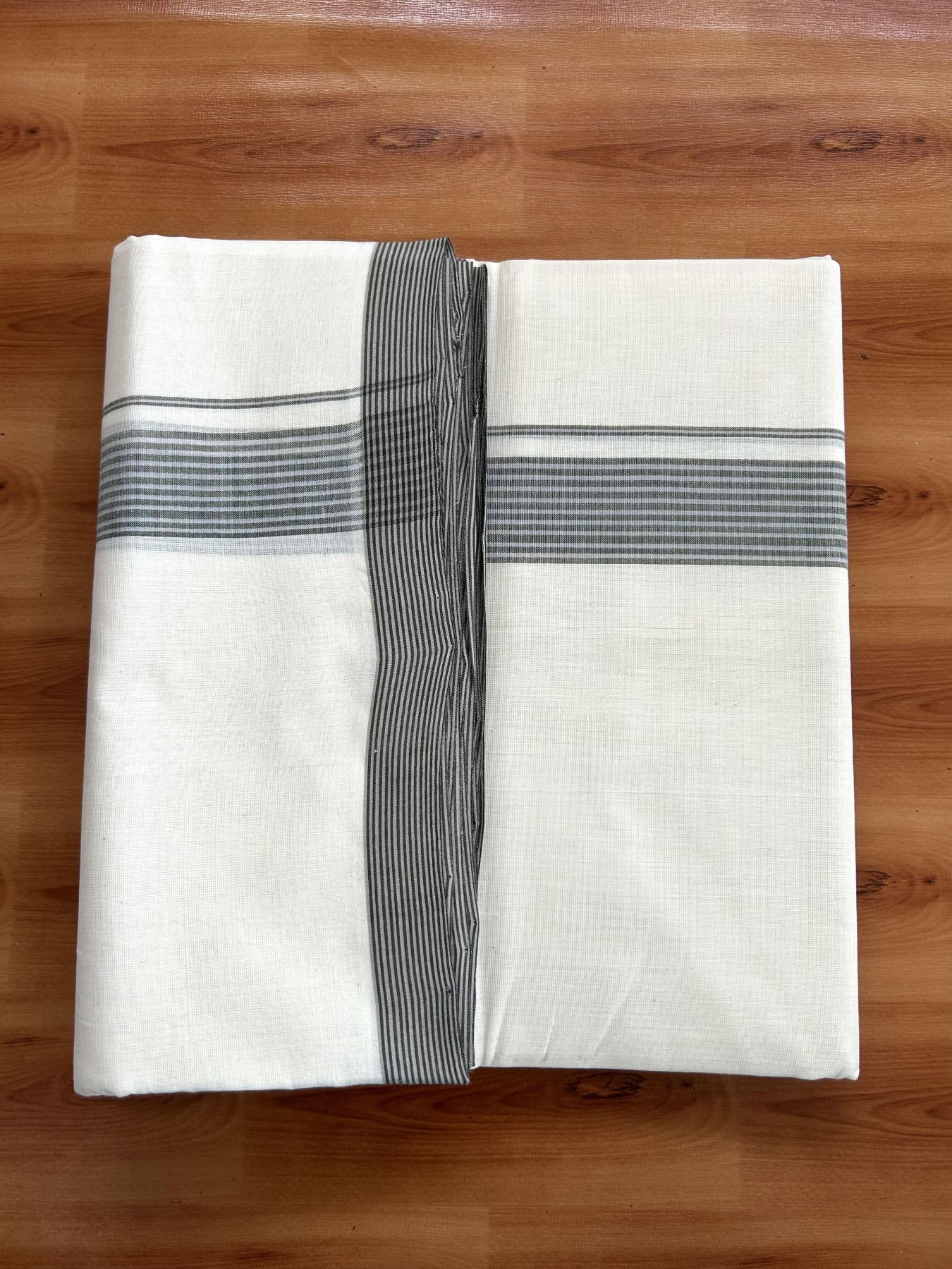 Double Off White (Unbleached) Mundu/Dhoti- 25% Discount! KaithariKada Handloom Millpaav - Kerala Handloom - Cotton - 80x90 - 1.25 inch Grey & Sage Green Shaded Striped Kara 4 meter (8.5 Muzham) - 19 KK5396 RAM