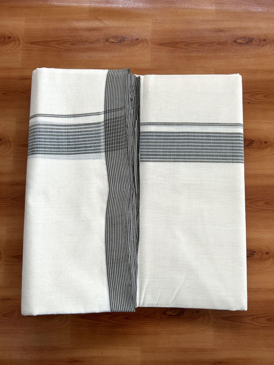 Double Off White (Unbleached) Mundu/Dhoti- 25% Discount! KaithariKada Handloom Millpaav - Kerala Handloom - Cotton - 80x90 - 1.25 inch Grey & Sage Green Shaded Striped Kara 4 meter (8.5 Muzham) - 19 KK5396 RAM
