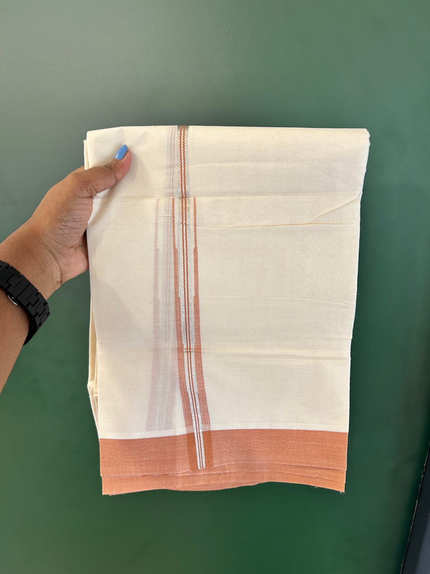 Off White Double (Unbleached) Mundu/Dhoti - 20% Discount! KaithariKada Balaramapuram 100% Cotton -100x80 - 1 inch Silver Kasav & Brown Stripes Puliyilakkara Chutty Kara 4 mtr (8.5 Muzham) - 52 KK5440 VIN
